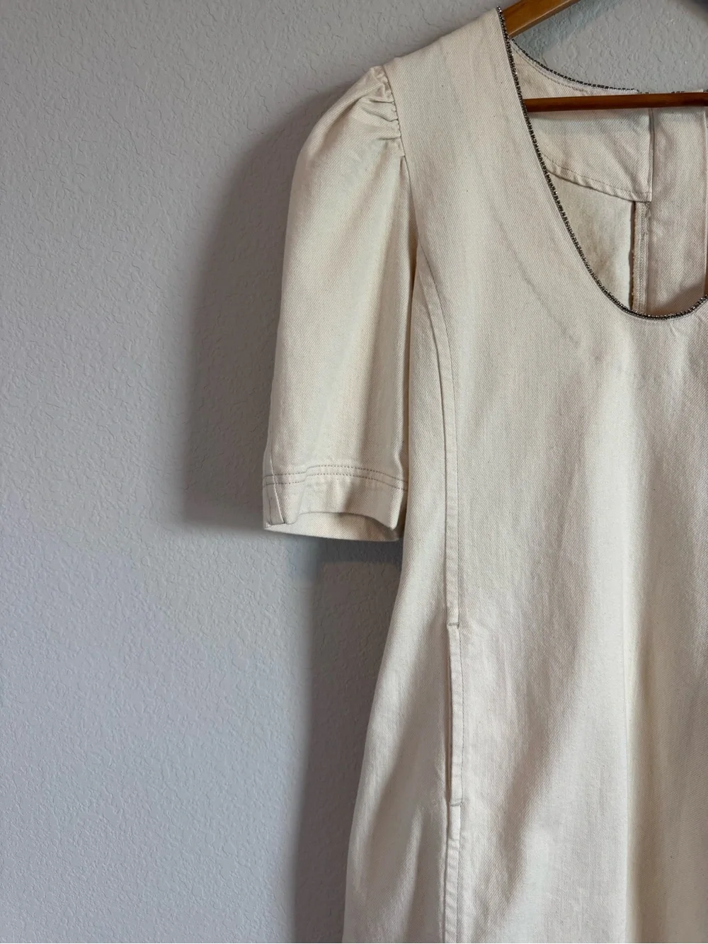 Something Navy Beige Spencer Denim Embellished Puff Sleeve Mini Dress Size M - Picture 3 of 10